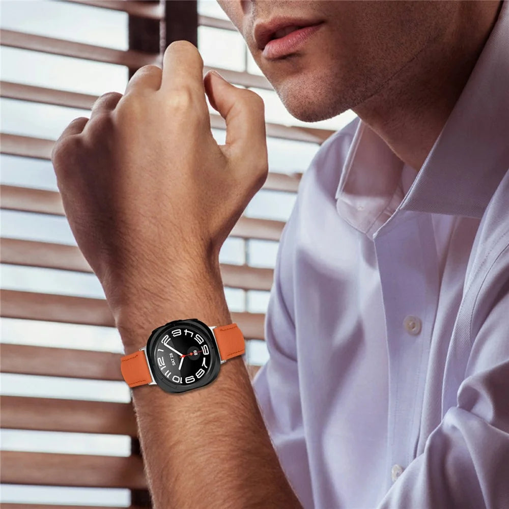 For Samsung Galaxy Watch Ultra2 47mm / Watch Ultra (2025) 47mm / Watch Ultra 47mm Litchi Texture Genuine Cow Leather Strap Pointed-End Watch Band with Silver Buckle - Orange - 5
