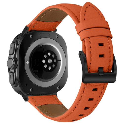 For Samsung Galaxy Watch Ultra2 47mm / Watch Ultra (2025) 47mm / Watch Ultra 47mm Litchi Textured Genuine Cow Leather Strap with Electroplated Buckle Pointed-End Watch Band - Orange  /  Black - 1