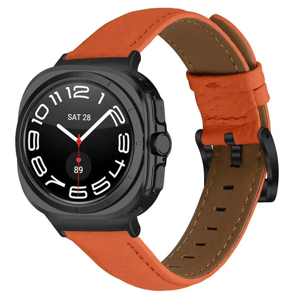 For Samsung Galaxy Watch Ultra2 47mm / Watch Ultra (2025) 47mm / Watch Ultra 47mm Litchi Textured Genuine Cow Leather Strap with Electroplated Buckle Pointed-End Watch Band - Orange  /  Black - 2
