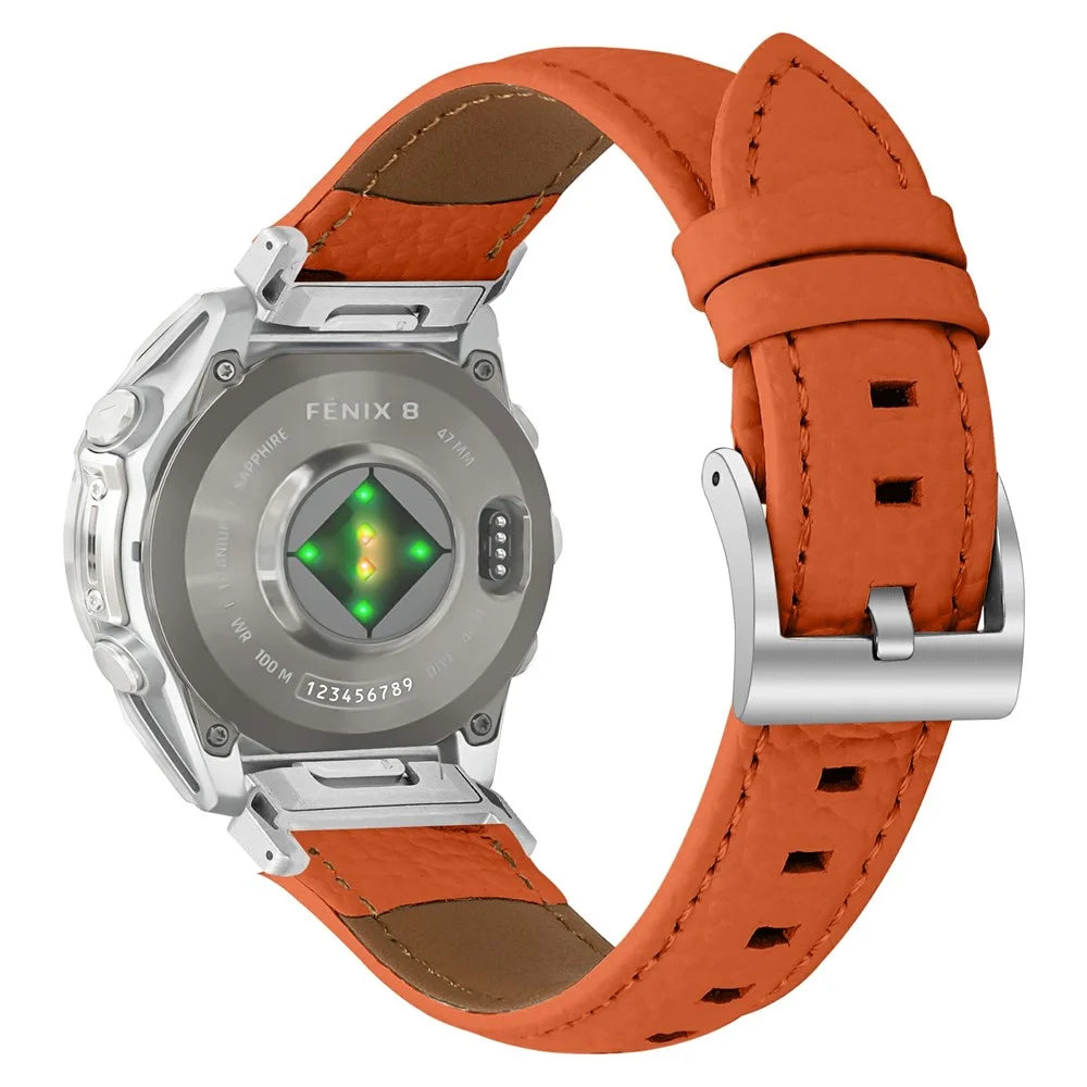 Litchi Texture Genuine Cow Leather Strap for Garmin Fenix 8 47mm / Tactix 8 47mm / quatix 8 47mm Pointed-End Watch Band with Silver Buckle - Orange - 1