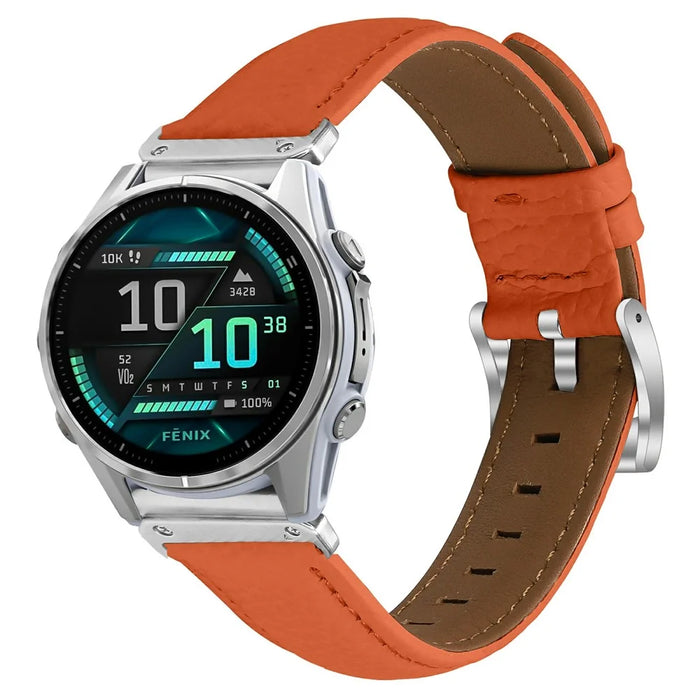 Litchi Texture Genuine Cow Leather Strap for Garmin Fenix 8 47mm / Tactix 8 47mm / quatix 8 47mm Pointed-End Watch Band with Silver Buckle - Orange - 2