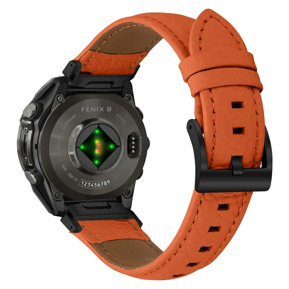 Litchi Textured Genuine Cow Leather Strap with Electroplated Buckle for Garmin Fenix 8 47mm / Tactix 8 47mm / quatix 8 47mm Pointed-End Watch Band - Orange  /  Black - 1
