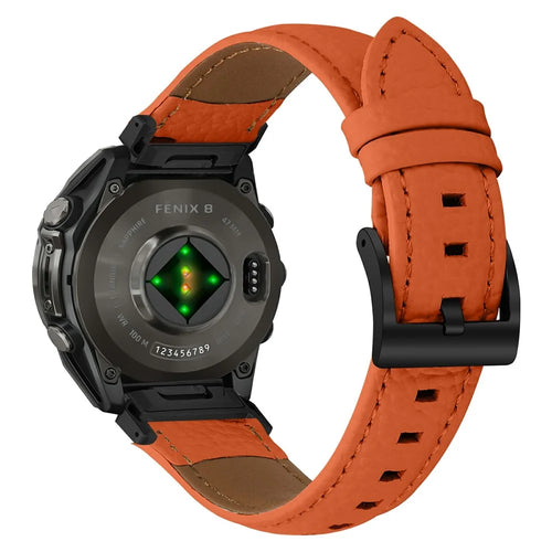 Litchi Textured Genuine Cow Leather Strap with Electroplated Buckle for Garmin Fenix 8 47mm / Tactix 8 47mm / quatix 8 47mm Pointed-End Watch Band - Orange  /  Black - 1