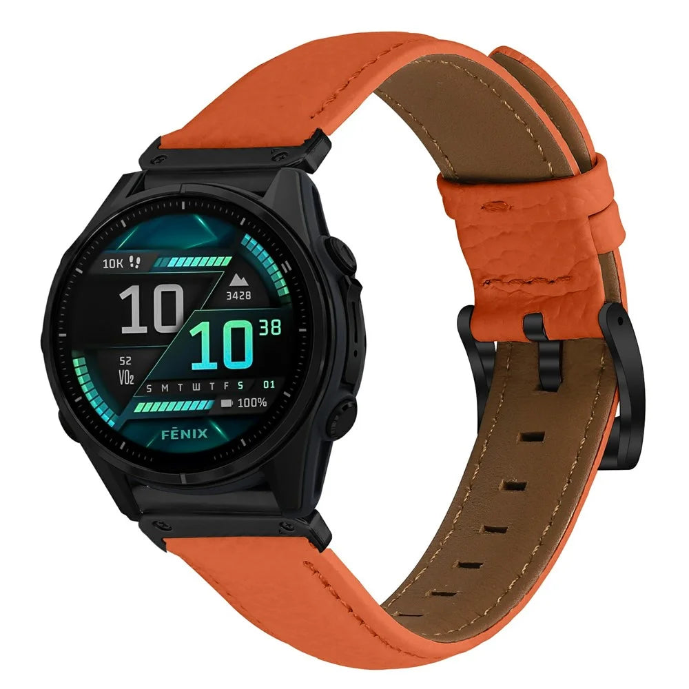 Litchi Textured Genuine Cow Leather Strap with Electroplated Buckle for Garmin Fenix 8 47mm / Tactix 8 47mm / quatix 8 47mm Pointed-End Watch Band - Orange  /  Black - 2