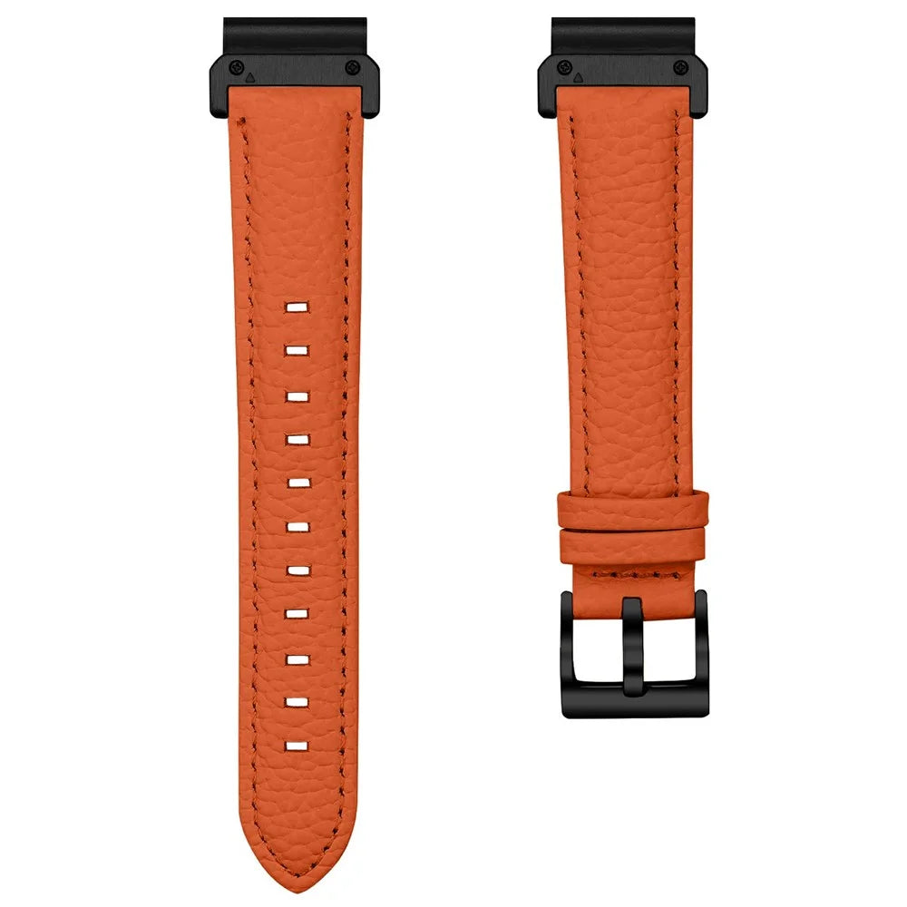Litchi Textured Genuine Cow Leather Strap with Electroplated Buckle for Garmin Fenix 8 47mm / Tactix 8 47mm / quatix 8 47mm Pointed-End Watch Band - Orange  /  Black - 3