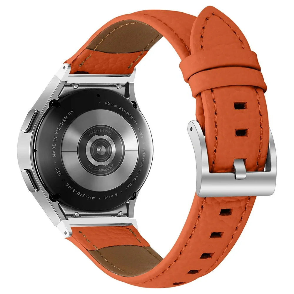 Genuine Cow Leather Strap with Connector for Samsung Galaxy Watch FE 40mm / Watch7 / Watch6 / Watch 5 / Watch4 Litchi Texture Silver Buckle Watch Band - Orange - 1
