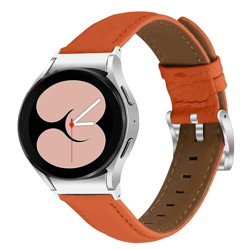 Genuine Cow Leather Strap with Connector for Samsung Galaxy Watch FE 40mm / Watch7 / Watch6 / Watch 5 / Watch4 Litchi Texture Silver Buckle Watch Band - Orange - 2