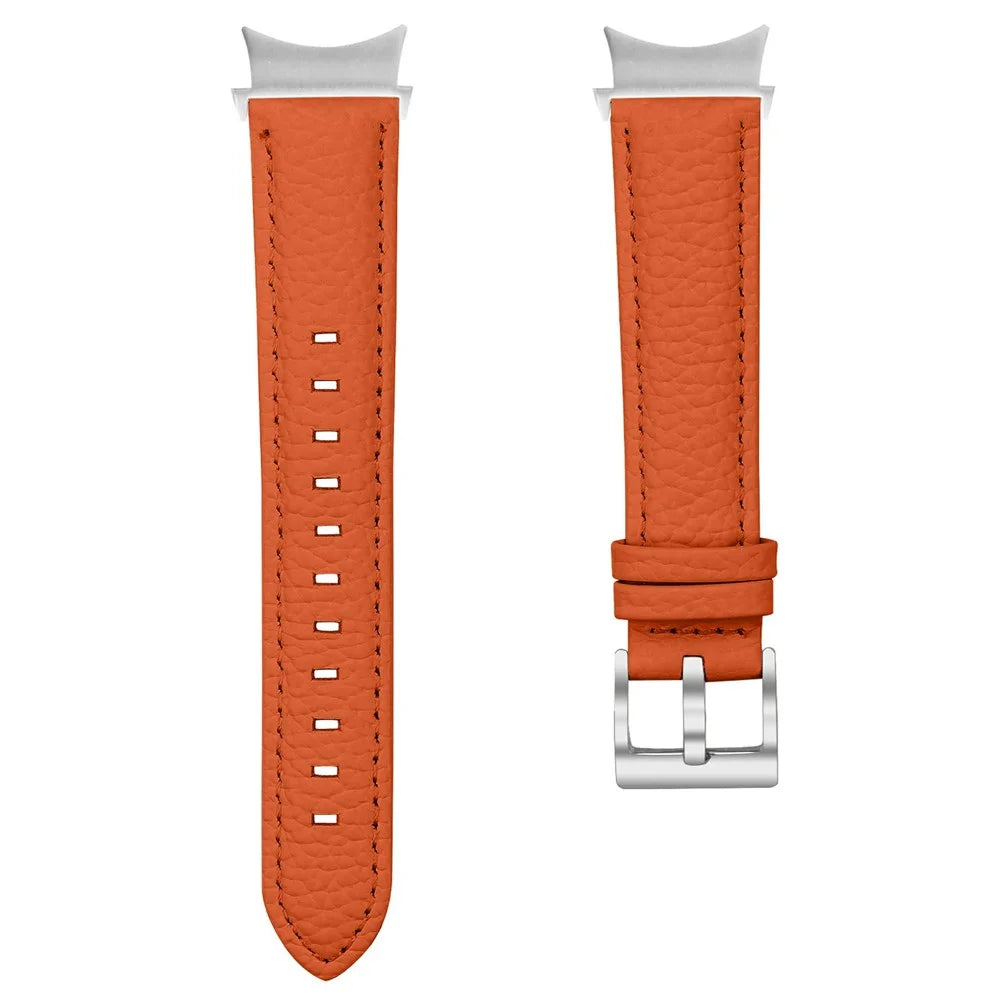 Genuine Cow Leather Strap with Connector for Samsung Galaxy Watch FE 40mm / Watch7 / Watch6 / Watch 5 / Watch4 Litchi Texture Silver Buckle Watch Band - Orange - 3