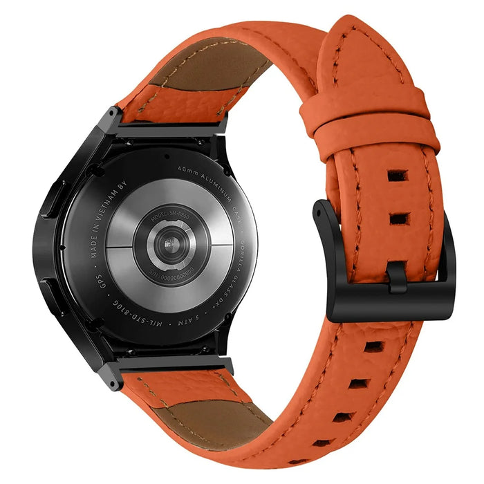 Genuine Cow Leather Strap with Connector for Samsung Galaxy Watch FE 40mm / Watch7 / Watch6 / Watch 5 / Watch4 Litchi Textured Electroplated Buckle Watch Band - Orange  /  Black - 1