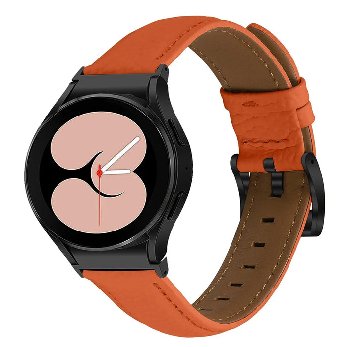 Genuine Cow Leather Strap with Connector for Samsung Galaxy Watch FE 40mm / Watch7 / Watch6 / Watch 5 / Watch4 Litchi Textured Electroplated Buckle Watch Band - Orange  /  Black - 2