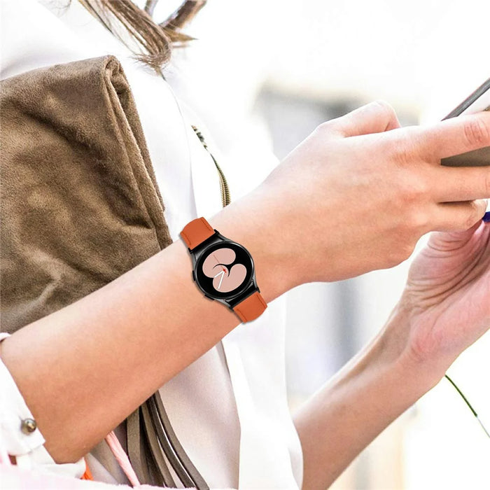 Genuine Cow Leather Strap with Connector for Samsung Galaxy Watch FE 40mm / Watch7 / Watch6 / Watch 5 / Watch4 Litchi Textured Electroplated Buckle Watch Band - Orange  /  Black - 4
