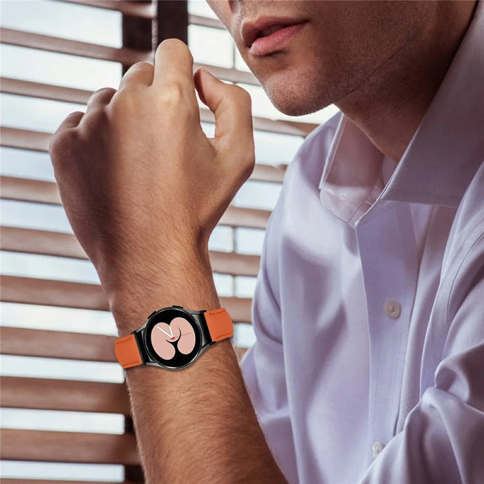 Genuine Cow Leather Strap with Connector for Samsung Galaxy Watch FE 40mm / Watch7 / Watch6 / Watch 5 / Watch4 Litchi Textured Electroplated Buckle Watch Band - Orange  /  Black - 5