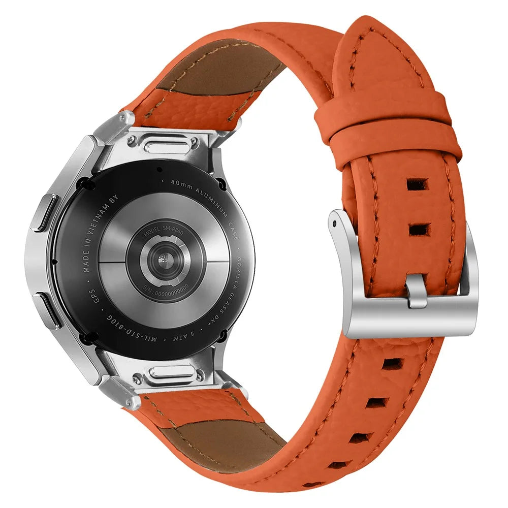 Genuine Cow Leather Strap with Connector for Samsung Galaxy Watch FE 40mm / Watch7 / Watch6 / Watch 5 / Watch4 Litchi Texture Silver Buckle Watch Band - Orange - 1