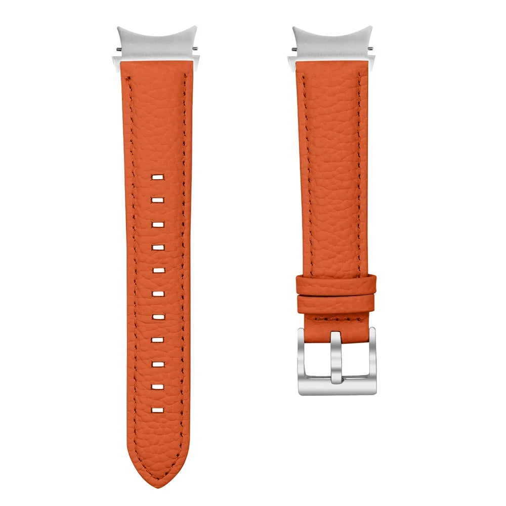 Genuine Cow Leather Strap with Connector for Samsung Galaxy Watch FE 40mm / Watch7 / Watch6 / Watch 5 / Watch4 Litchi Texture Silver Buckle Watch Band - Orange - 2