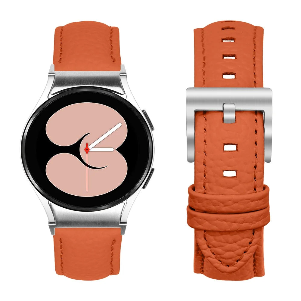 Genuine Cow Leather Strap with Connector for Samsung Galaxy Watch FE 40mm / Watch7 / Watch6 / Watch 5 / Watch4 Litchi Texture Silver Buckle Watch Band - Orange - 3