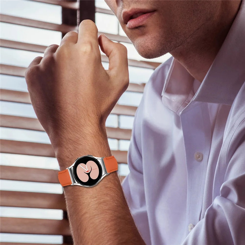 Genuine Cow Leather Strap with Connector for Samsung Galaxy Watch FE 40mm / Watch7 / Watch6 / Watch 5 / Watch4 Litchi Texture Silver Buckle Watch Band - Orange - 7