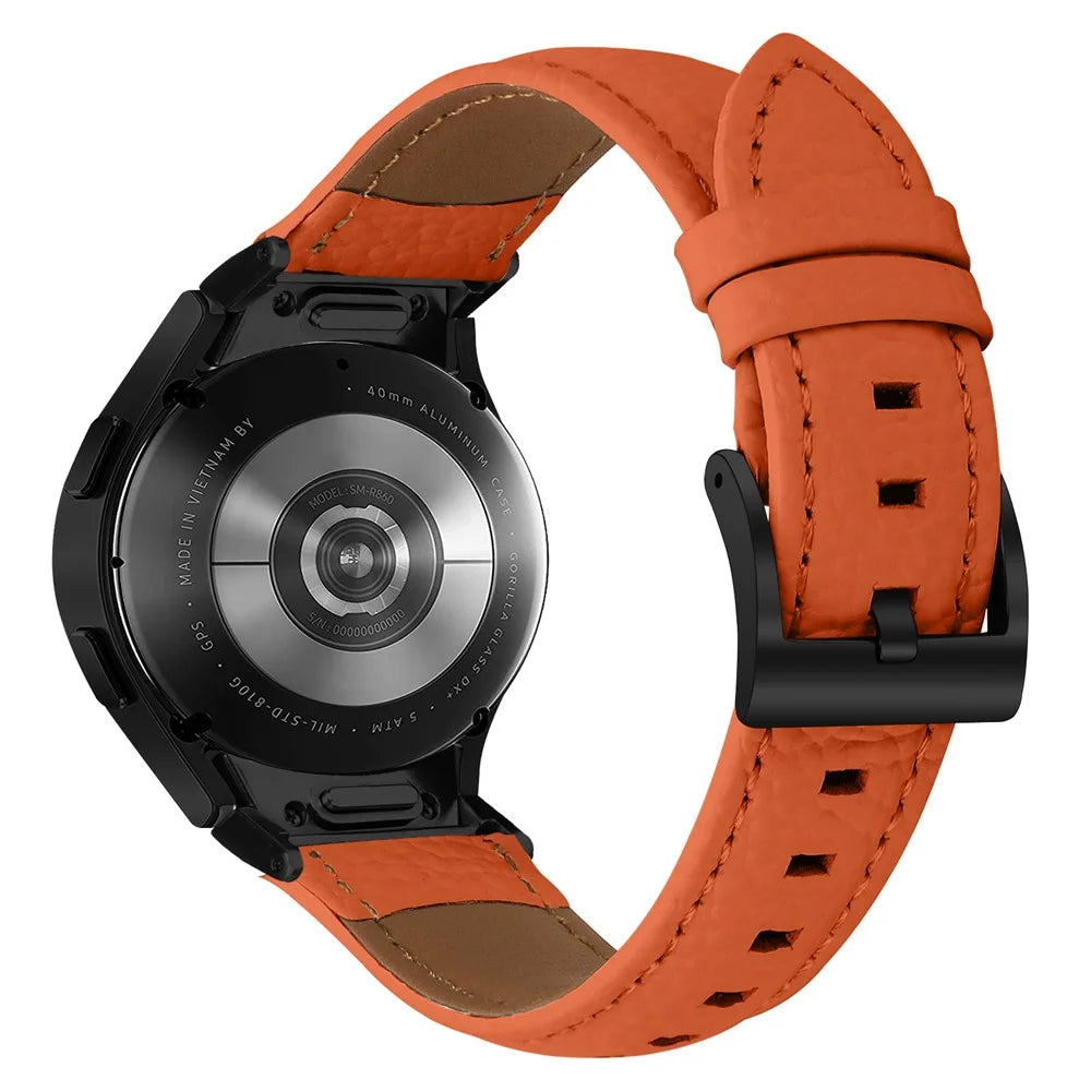Litchi Textured Genuine Cow Leather Strap for Samsung Galaxy Watch FE 40mm / Watch7 / Watch6 / Watch 5 / Watch4 Electroplated Buckle Watch Band with Quick Release Connector - Orange  /  Black - 1