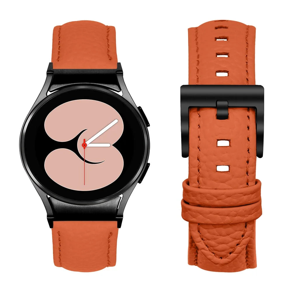 Litchi Textured Genuine Cow Leather Strap for Samsung Galaxy Watch FE 40mm / Watch7 / Watch6 / Watch 5 / Watch4 Electroplated Buckle Watch Band with Quick Release Connector - Orange  /  Black - 3