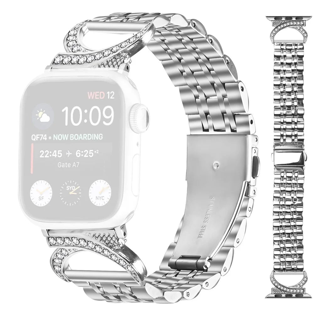 Watch Band for Apple Watch Series 11 10 42mm  /  9 8 7 41mm  /  SE3 SE2 SE 6 5 4 40mm  /  3 2 1 38mm Stainless Steel Strap with Rhinestone Ox Horn Style Connector - Silver - 1