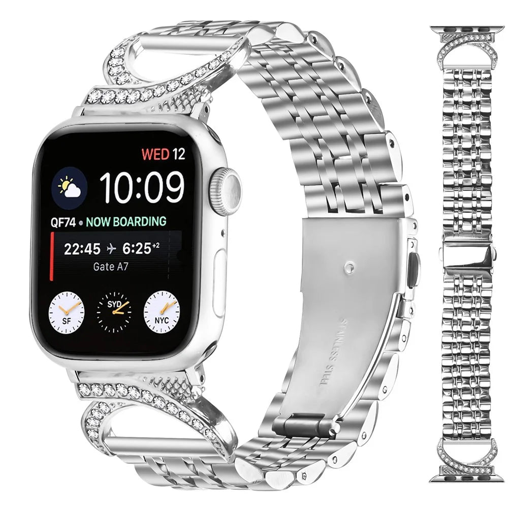 Watch Band for Apple Watch Series 11 10 42mm  /  9 8 7 41mm  /  SE3 SE2 SE 6 5 4 40mm  /  3 2 1 38mm Stainless Steel Strap with Rhinestone Ox Horn Style Connector - Silver - 2