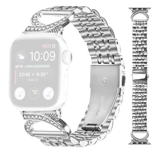 Watch Band for Apple Watch Ultra 3 2 1 49mm / Series 11 10 46mm / 9 8 7 45mm / SE3 SE2 SE 6 5 4 44mm / 3 2 1 42mm Stainless Steel Strap with Rhinestone Ox Horn Style Connector - Silver - 1