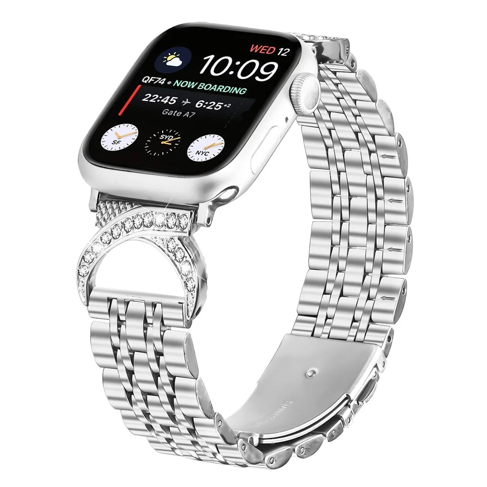 Watch Band for Apple Watch Ultra 3 2 1 49mm / Series 11 10 46mm / 9 8 7 45mm / SE3 SE2 SE 6 5 4 44mm / 3 2 1 42mm Stainless Steel Strap with Rhinestone Ox Horn Style Connector - Silver - 3