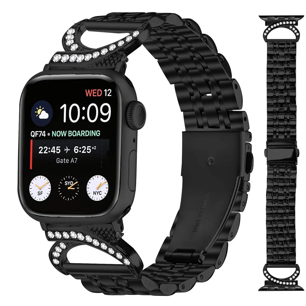 Watch Strap for Apple Watch Ultra 3 2 1 49mm / Series 11 10 46mm / 9 8 7 45mm / SE3 SE2 SE 6 5 4 44mm / 3 2 1 42mm Stainless Steel Band with Rhinestone Ox Horn Style Connector - Black - 2