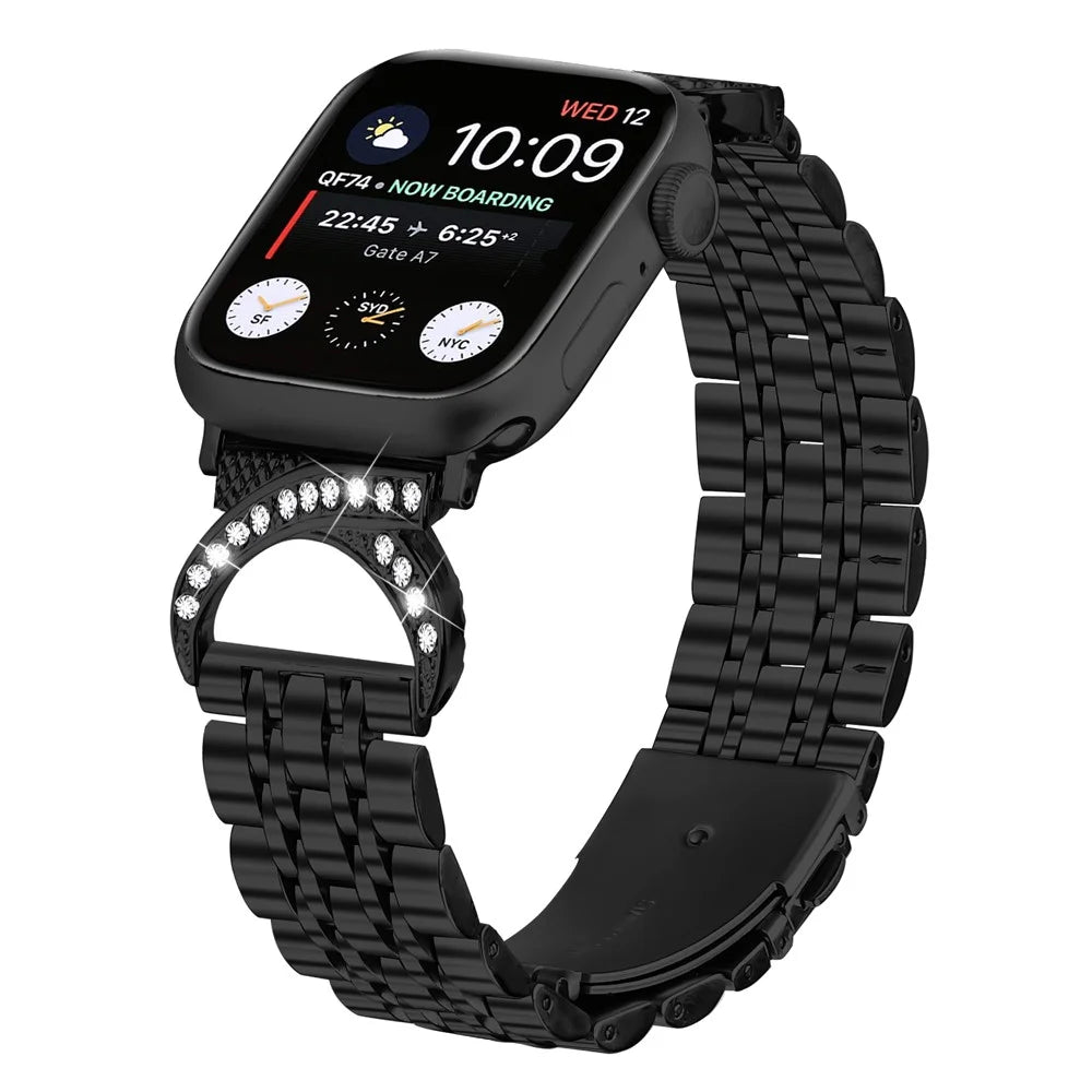 Watch Strap for Apple Watch Ultra 3 2 1 49mm / Series 11 10 46mm / 9 8 7 45mm / SE3 SE2 SE 6 5 4 44mm / 3 2 1 42mm Stainless Steel Band with Rhinestone Ox Horn Style Connector - Black - 3