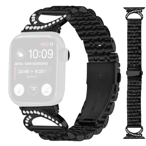 Watch Strap for Apple Watch Series 11 10 42mm / 9 8 7 41mm / SE3 SE2 SE 6 5 4 40mm / 3 2 1 38mm Stainless Steel Band with Rhinestone Ox Horn Style Connector - Black - 1