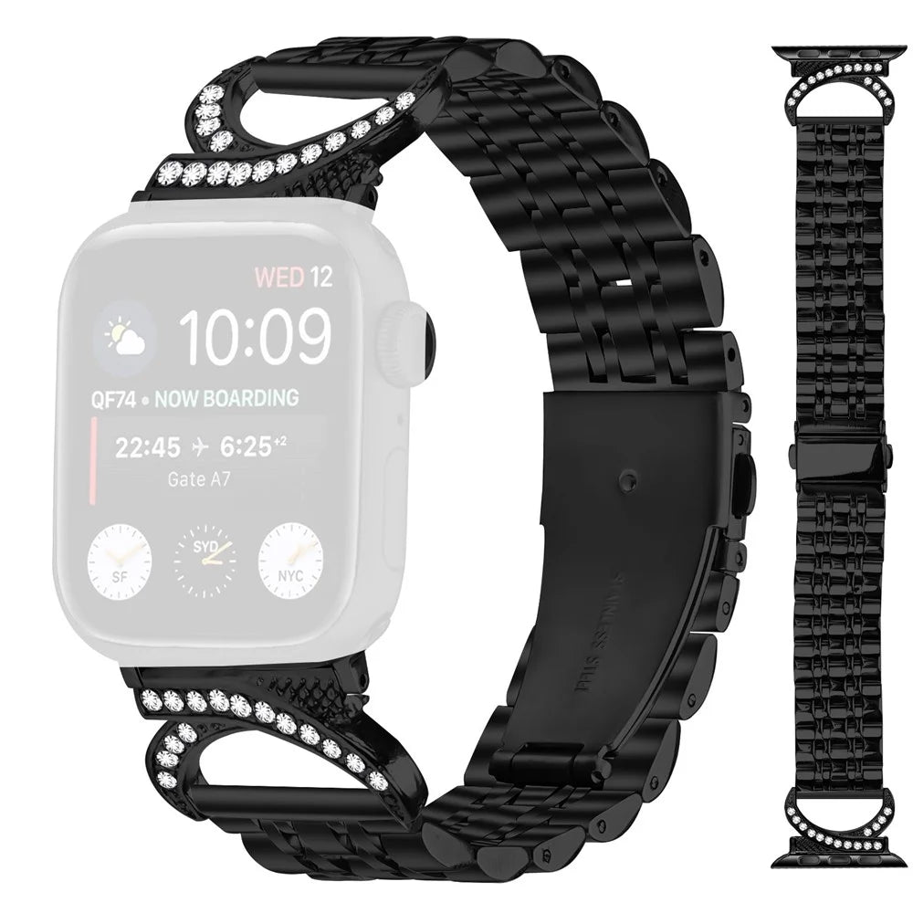 Watch Strap for Apple Watch Series 11 10 42mm / 9 8 7 41mm / SE3 SE2 SE 6 5 4 40mm / 3 2 1 38mm Stainless Steel Band with Rhinestone Ox Horn Style Connector - Black - 1