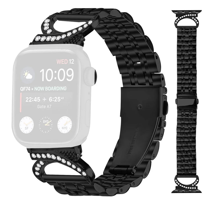 Watch Strap for Apple Watch Series 11 10 42mm / 9 8 7 41mm / SE3 SE2 SE 6 5 4 40mm / 3 2 1 38mm Stainless Steel Band with Rhinestone Ox Horn Style Connector - Black - 1