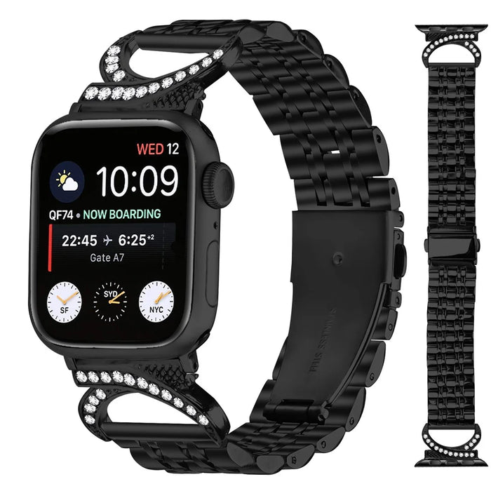 Watch Strap for Apple Watch Series 11 10 42mm / 9 8 7 41mm / SE3 SE2 SE 6 5 4 40mm / 3 2 1 38mm Stainless Steel Band with Rhinestone Ox Horn Style Connector - Black - 2