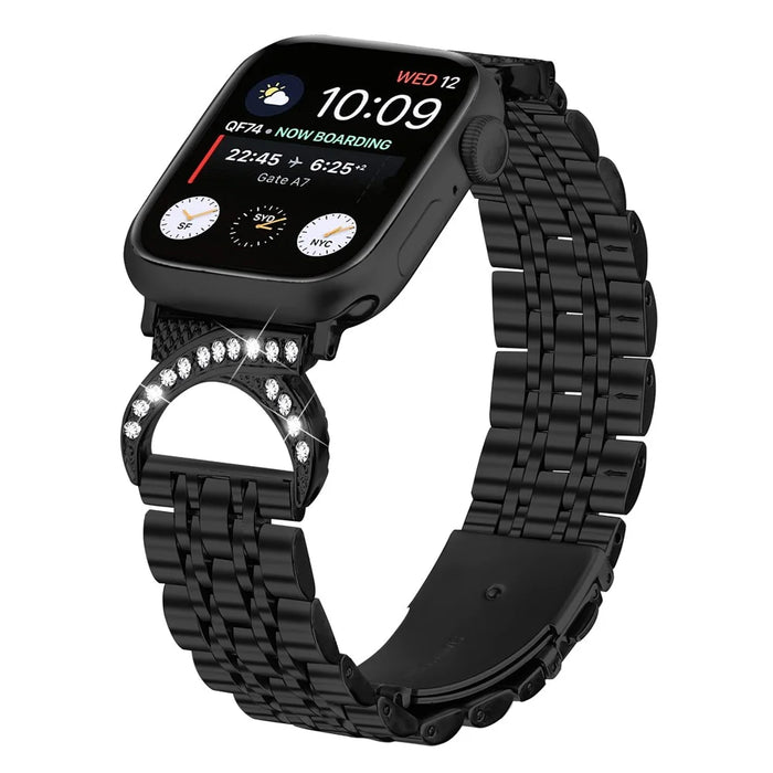 Watch Strap for Apple Watch Series 11 10 42mm / 9 8 7 41mm / SE3 SE2 SE 6 5 4 40mm / 3 2 1 38mm Stainless Steel Band with Rhinestone Ox Horn Style Connector - Black - 3