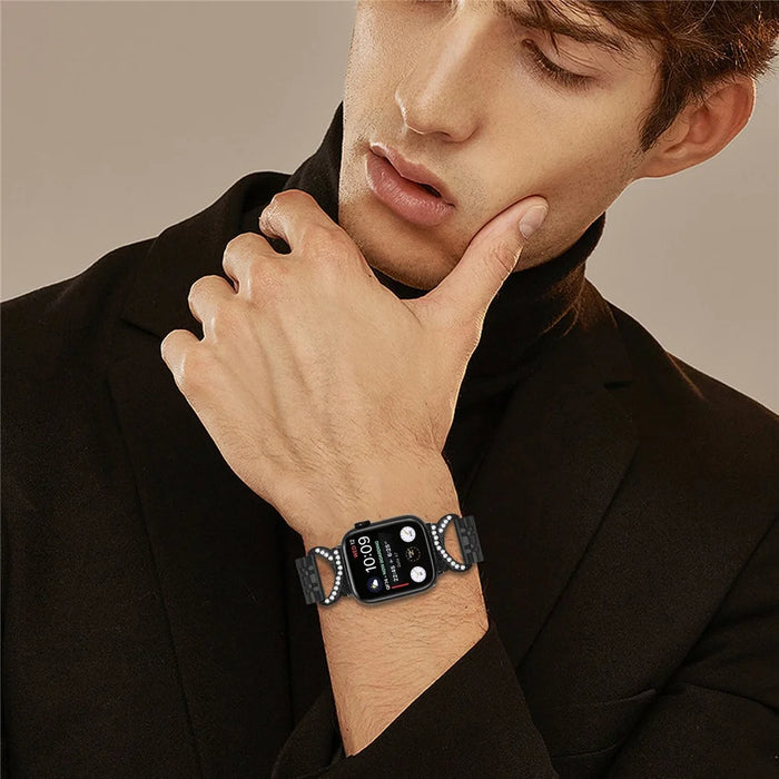 Watch Strap for Apple Watch Series 11 10 42mm / 9 8 7 41mm / SE3 SE2 SE 6 5 4 40mm / 3 2 1 38mm Stainless Steel Band with Rhinestone Ox Horn Style Connector - Black - 4