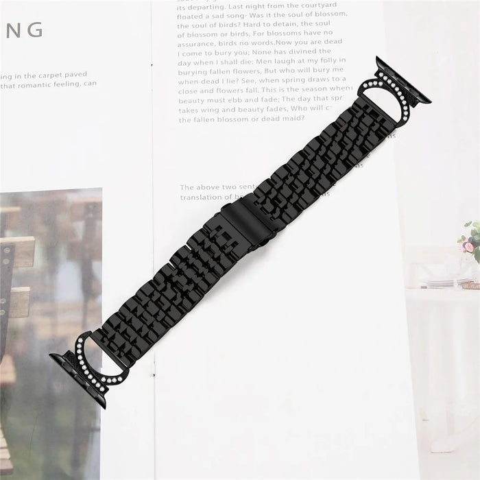Watch Strap for Apple Watch Series 11 10 42mm / 9 8 7 41mm / SE3 SE2 SE 6 5 4 40mm / 3 2 1 38mm Stainless Steel Band with Rhinestone Ox Horn Style Connector - Black - 6