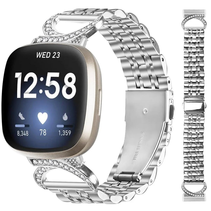 For Fitbit Versa 3 / Sense Watch Band Seven Bead Stainless Steel Strap with Rhinestone Ox Horn Style Connector - Silver - 2
