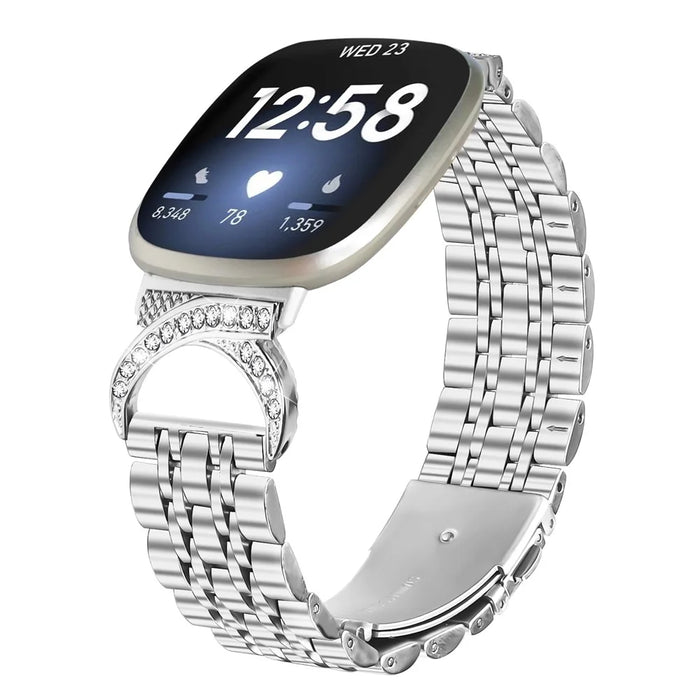 For Fitbit Versa 3 / Sense Watch Band Seven Bead Stainless Steel Strap with Rhinestone Ox Horn Style Connector - Silver - 3