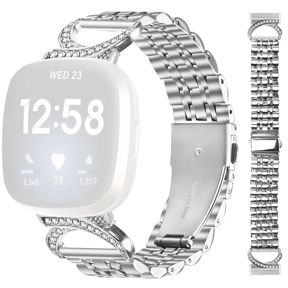 For Fitbit Versa 4 / Sense 2 Watch Band Seven Bead Stainless Steel Strap with Rhinestone Ox Horn Style Connector - Silver - 1