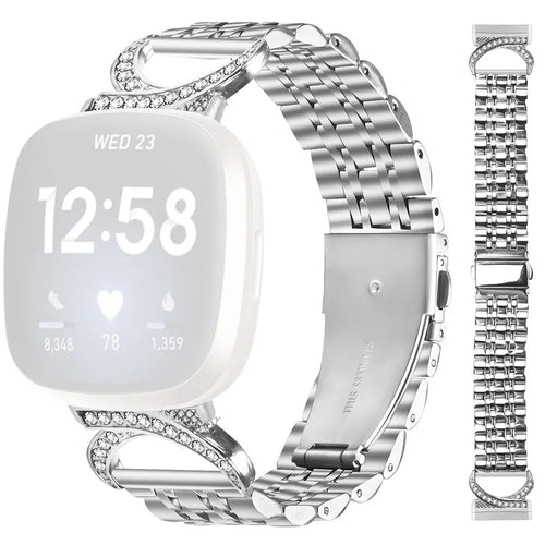 For Fitbit Versa 4 / Sense 2 Watch Band Seven Bead Stainless Steel Strap with Rhinestone Ox Horn Style Connector - Silver - 1