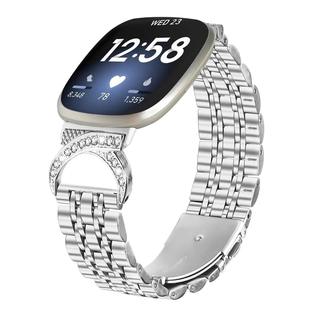 For Fitbit Versa 4 / Sense 2 Watch Band Seven Bead Stainless Steel Strap with Rhinestone Ox Horn Style Connector - Silver - 3