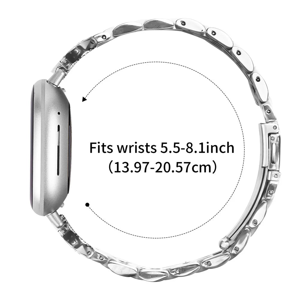 For Fitbit Versa 4 / Sense 2 Watch Band Seven Bead Stainless Steel Strap with Rhinestone Ox Horn Style Connector - Silver - 7