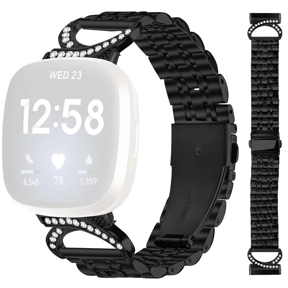 For Fitbit Versa 4 / Sense 2 Strap Seven Bead Stainless Steel Watch Band with Rhinestone Ox Horn Style Connector - Black - 1