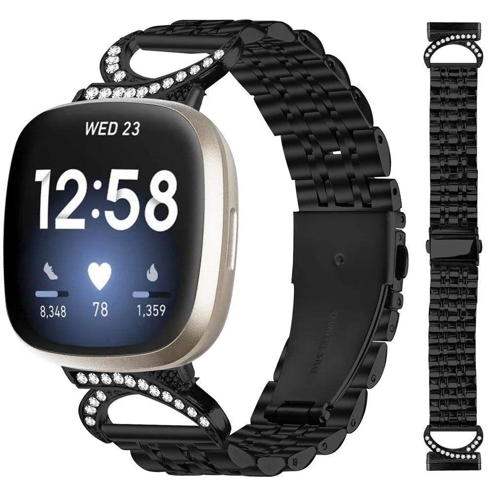 For Fitbit Versa 4 / Sense 2 Strap Seven Bead Stainless Steel Watch Band with Rhinestone Ox Horn Style Connector - Black - 2