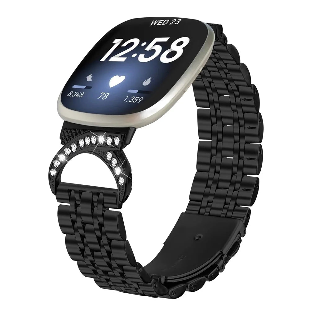 For Fitbit Versa 4 / Sense 2 Strap Seven Bead Stainless Steel Watch Band with Rhinestone Ox Horn Style Connector - Black - 3