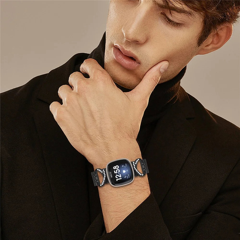 For Fitbit Versa 4 / Sense 2 Strap Seven Bead Stainless Steel Watch Band with Rhinestone Ox Horn Style Connector - Black - 4