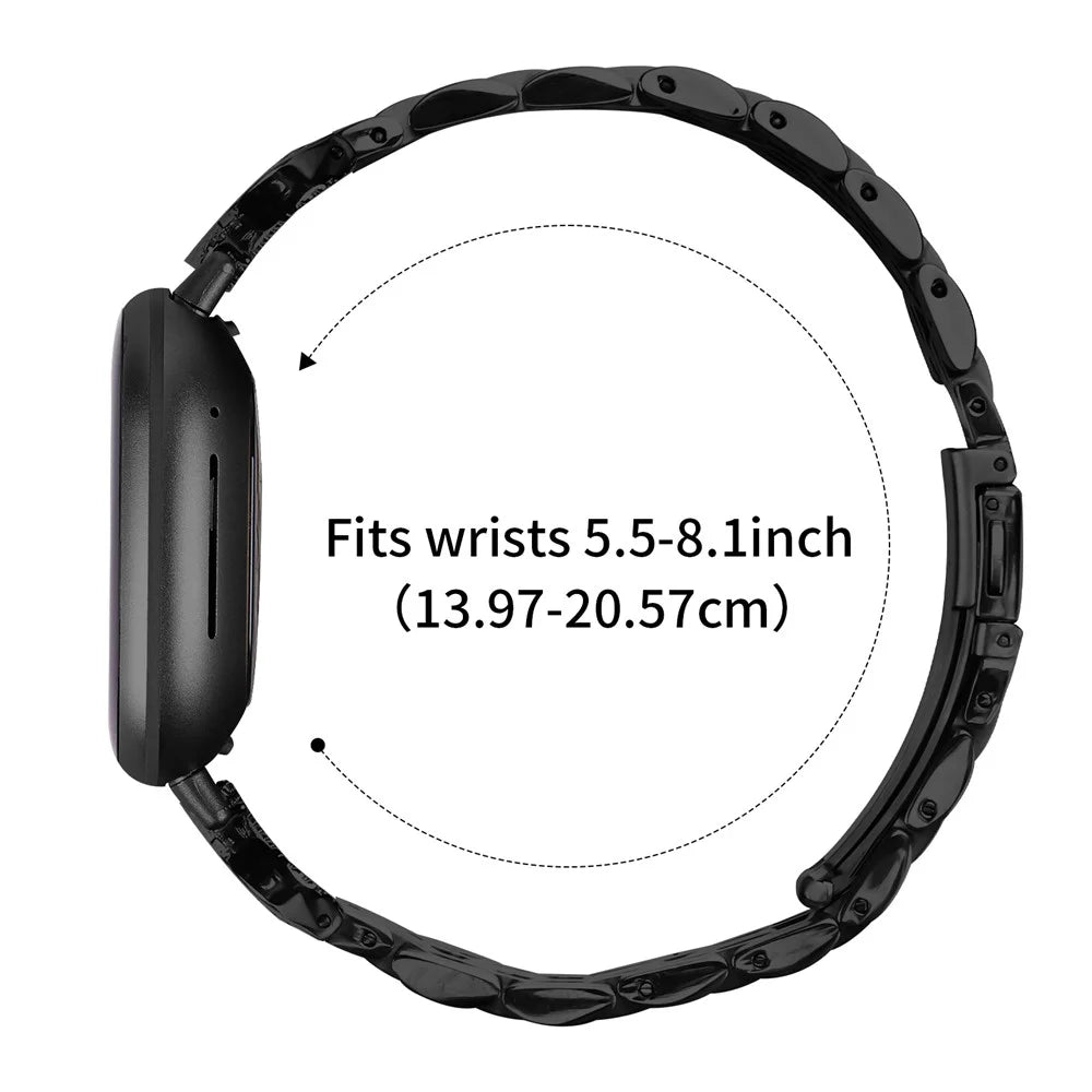 For Fitbit Versa 4 / Sense 2 Strap Seven Bead Stainless Steel Watch Band with Rhinestone Ox Horn Style Connector - Black - 7
