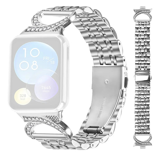 For Xiaomi Smart Band 10 Pro / 9 Pro / 8 Pro / Redmi Watch 6 / 5 / 4 Watch Band Seven Bead Stainless Steel Strap with Rhinestone Ox Horn Style Connector - Silver - 1