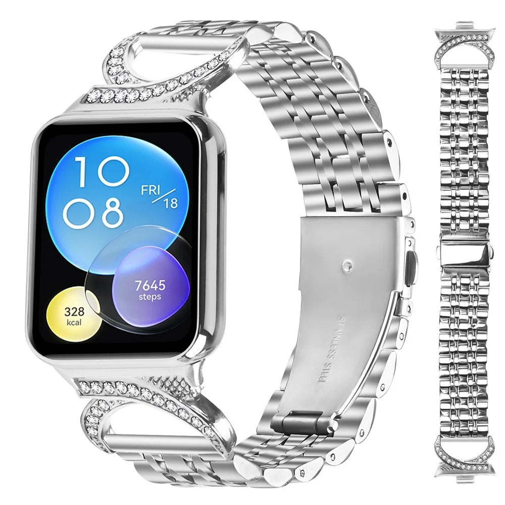 For Xiaomi Smart Band 10 Pro / 9 Pro / 8 Pro / Redmi Watch 6 / 5 / 4 Watch Band Seven Bead Stainless Steel Strap with Rhinestone Ox Horn Style Connector - Silver - 2