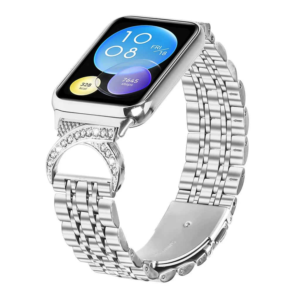 For Xiaomi Smart Band 10 Pro / 9 Pro / 8 Pro / Redmi Watch 6 / 5 / 4 Watch Band Seven Bead Stainless Steel Strap with Rhinestone Ox Horn Style Connector - Silver - 3