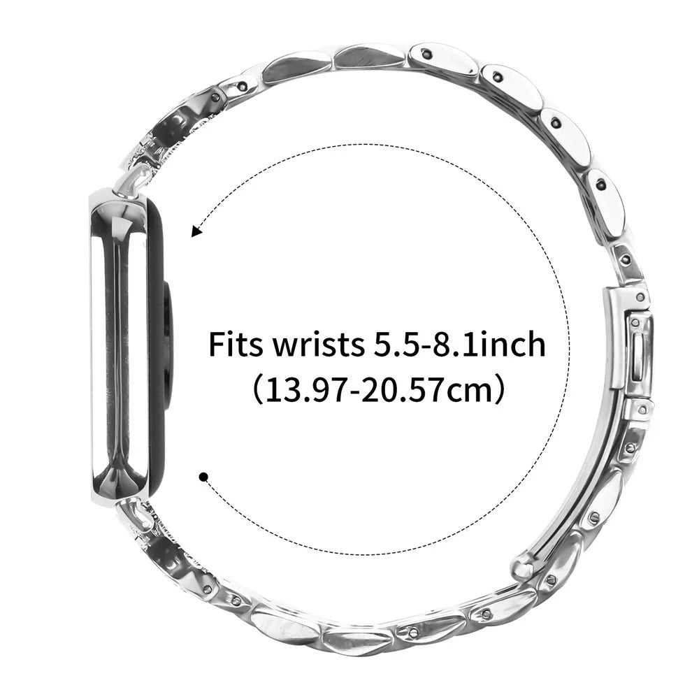 For Xiaomi Smart Band 10 Pro / 9 Pro / 8 Pro / Redmi Watch 6 / 5 / 4 Watch Band Seven Bead Stainless Steel Strap with Rhinestone Ox Horn Style Connector - Silver - 7